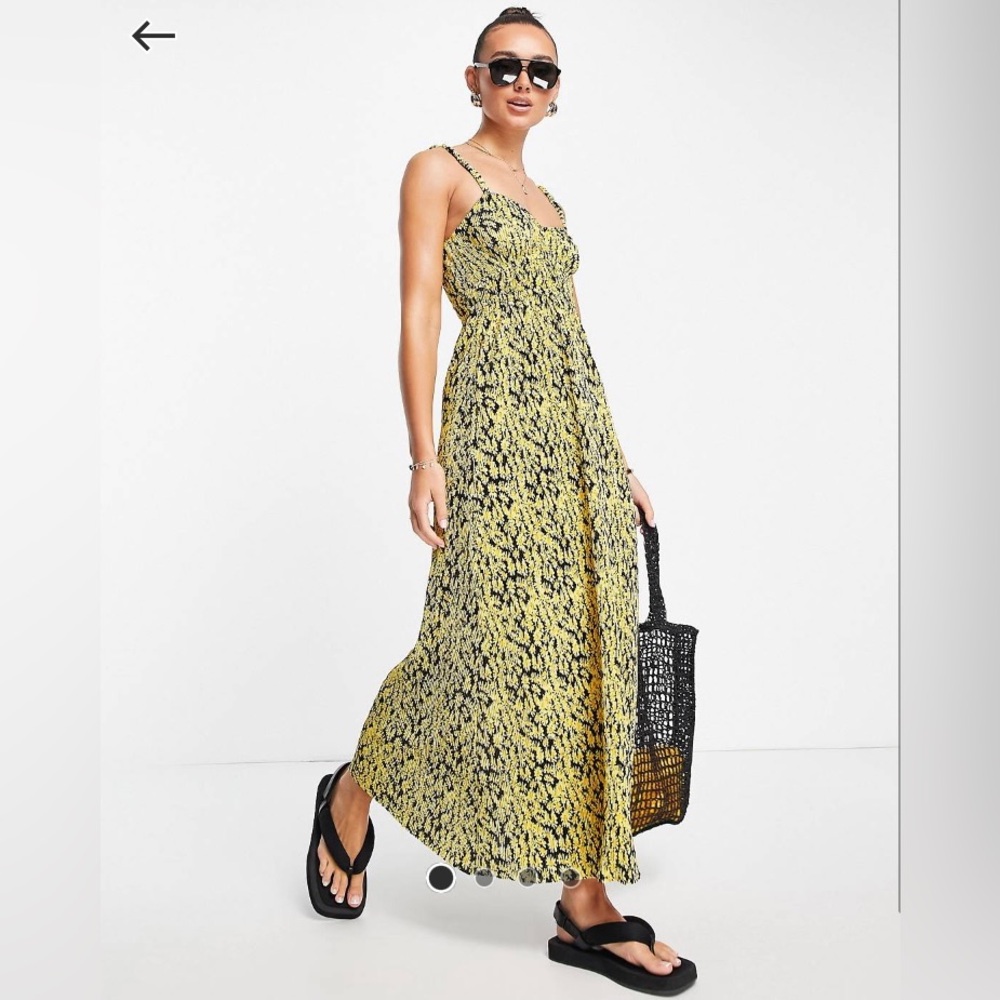 Asos Plisse Strappy Maxi Dress in Yellow Daisy Print